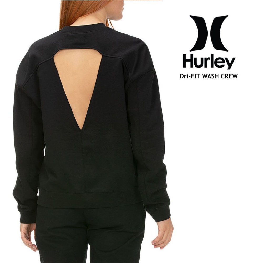 Hurley Dri-Fit Cut Out Open Back Crew Sweatshirt Long Sleeve Top Black